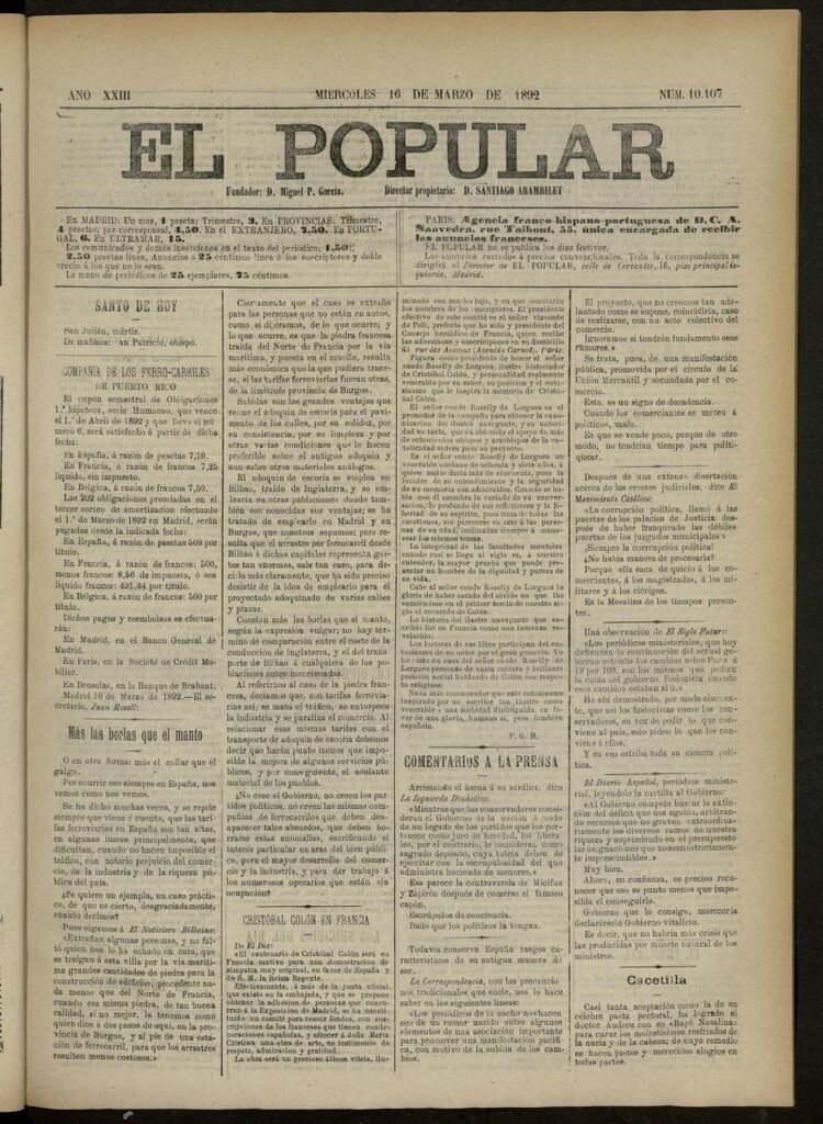 Miniatura de El Popular: diario independiente, político, literario y de noticias de interés general del 16 de marzo de 1892, nº10107