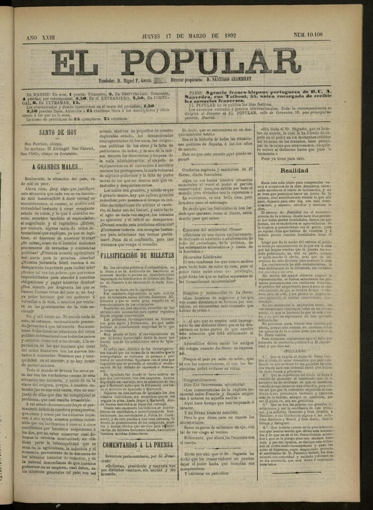 Miniatura de El Popular: diario independiente, político, literario y de noticias de interés general del 17 de marzo de 1892, nº10108