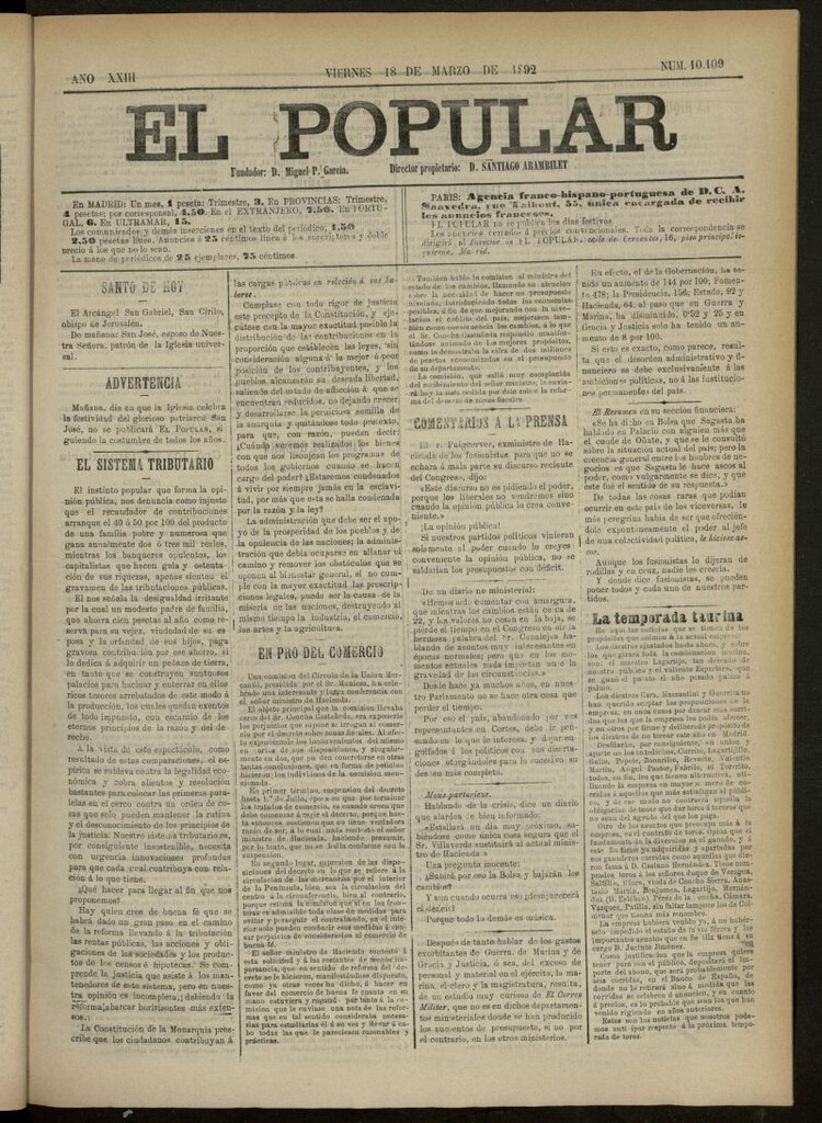 Miniatura de El Popular: diario independiente, político, literario y de noticias de interés general del 18 de marzo de 1892, nº10109