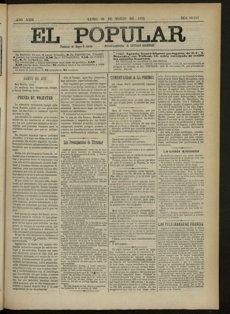 Miniatura de El Popular: diario independiente, político, literario y de noticias de interés general del 21 de marzo de 1892, nº10110