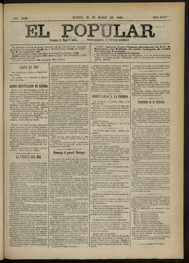 Miniatura de El Popular: diario independiente, político, literario y de noticias de interés general del 22 de marzo de 1892, nº10111