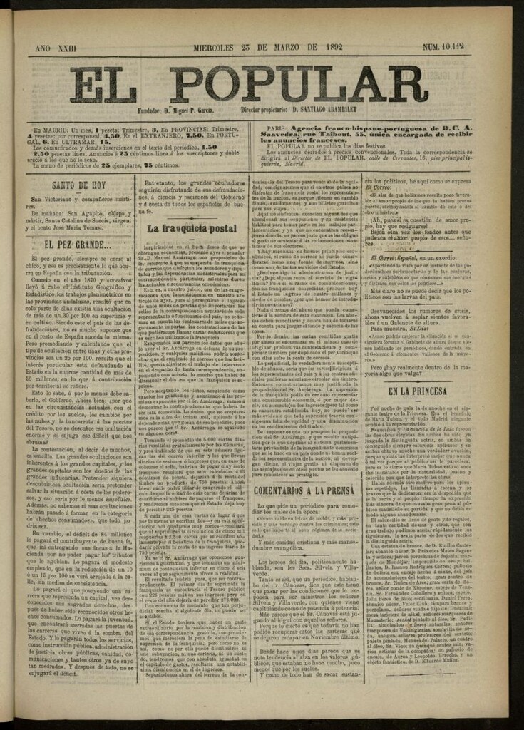 Miniatura de El Popular: diario independiente, político, literario y de noticias de interés general del 23 de marzo de 1892, nº10112