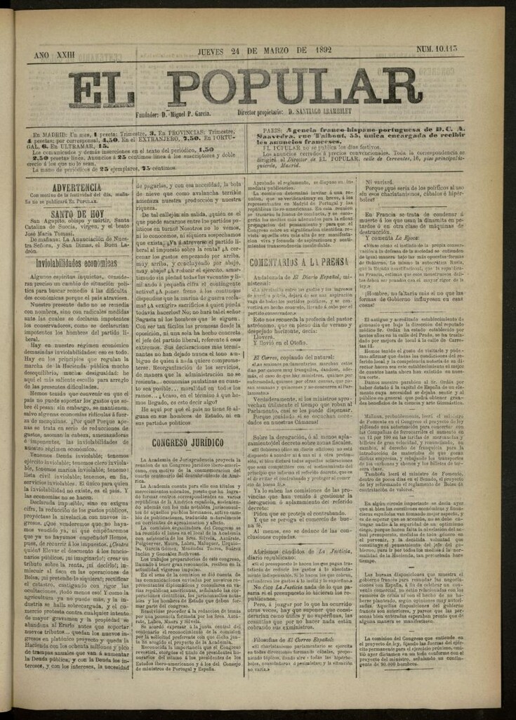 Miniatura de El Popular: diario independiente, político, literario y de noticias de interés general del 24 de marzo de 1892, nº10113