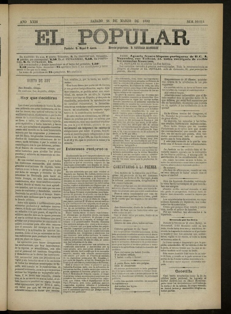 Miniatura de El Popular: diario independiente, político, literario y de noticias de interés general del 26 de marzo de 1892, nº10114