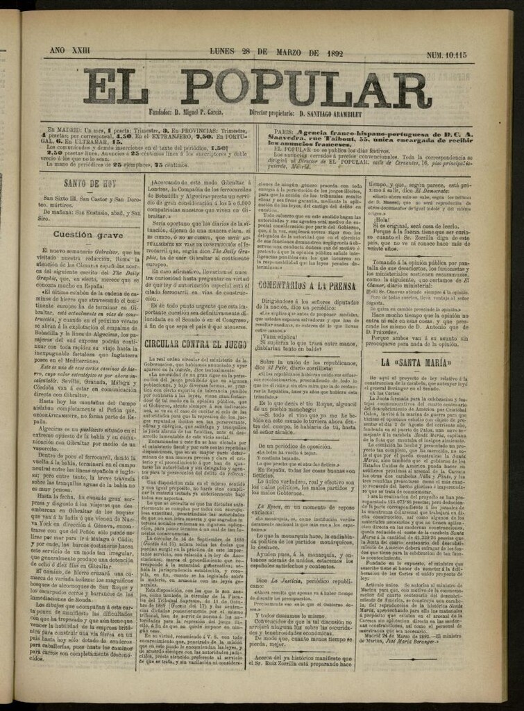 Miniatura de El Popular: diario independiente, político, literario y de noticias de interés general del 28 de marzo de 1892, nº10115
