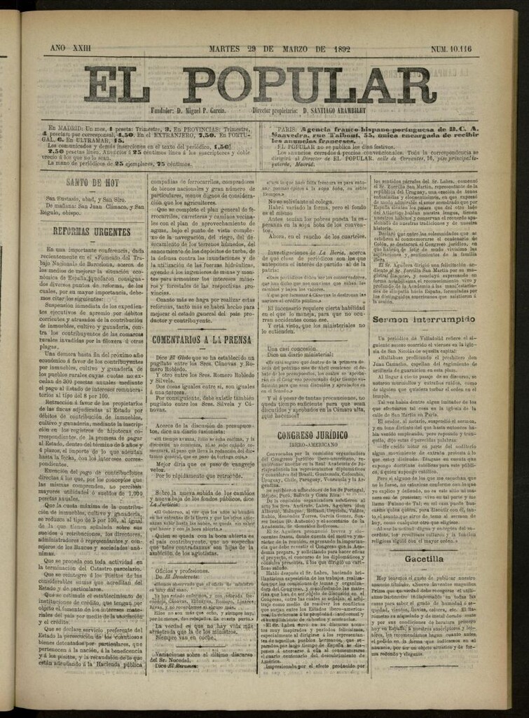Miniatura de El Popular: diario independiente, político, literario y de noticias de interés general del 29 de marzo de 1892, nº10116