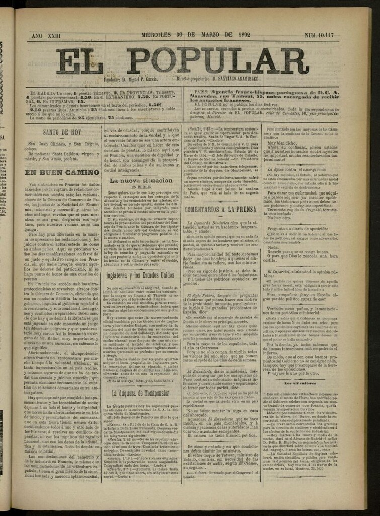Miniatura de El Popular: diario independiente, político, literario y de noticias de interés general del 30 de marzo de 1892, nº10117