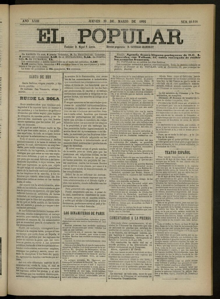 Miniatura de El Popular: diario independiente, político, literario y de noticias de interés general del 31 de marzo de 1892, nº10118