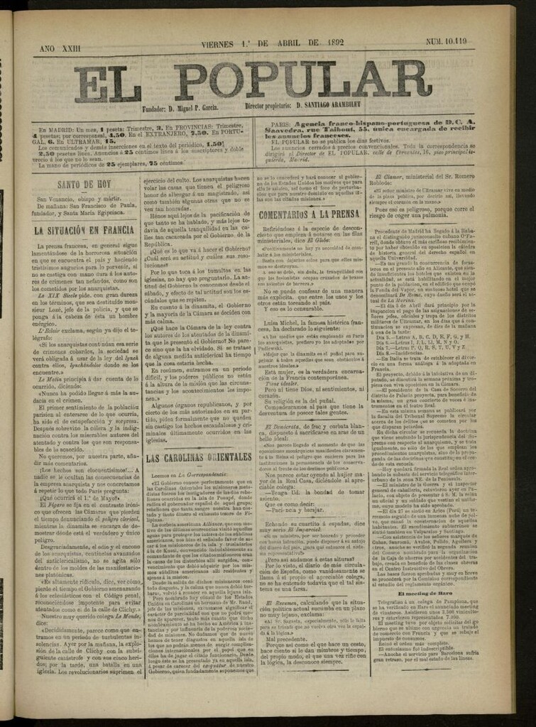 Miniatura de El Popular: diario independiente, político, literario y de noticias de interés general del 1 de abril de 1892, nº10119