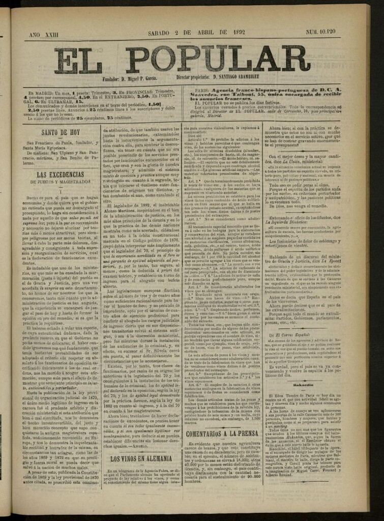 Miniatura de El Popular: diario independiente, político, literario y de noticias de interés general del 2 de abril de 1892, nº10120
