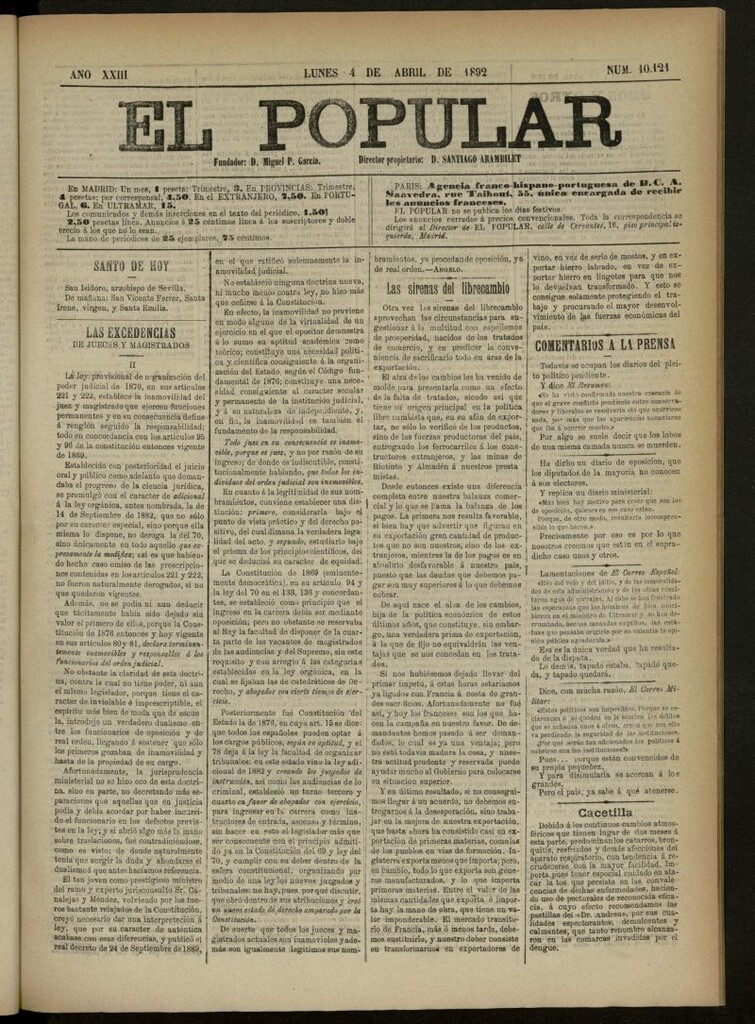 Miniatura de El Popular: diario independiente, político, literario y de noticias de interés general del 4 de abril de 1892, nº10121