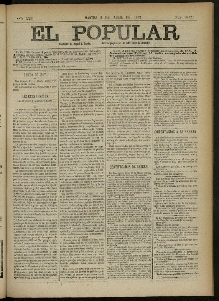 Miniatura de El Popular: diario independiente, político, literario y de noticias de interés general del 5 de abril de 1892, nº 10122