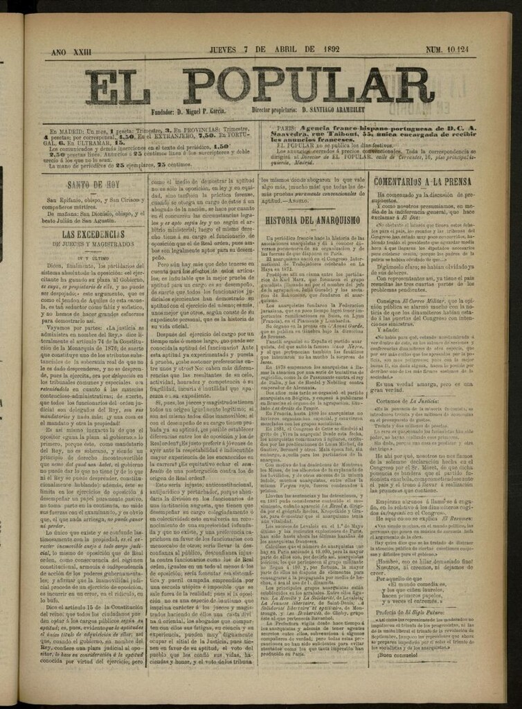 Miniatura de El Popular: diario independiente, político, literario y de noticias de interés general del 7 de abril de 1892, nº 10124