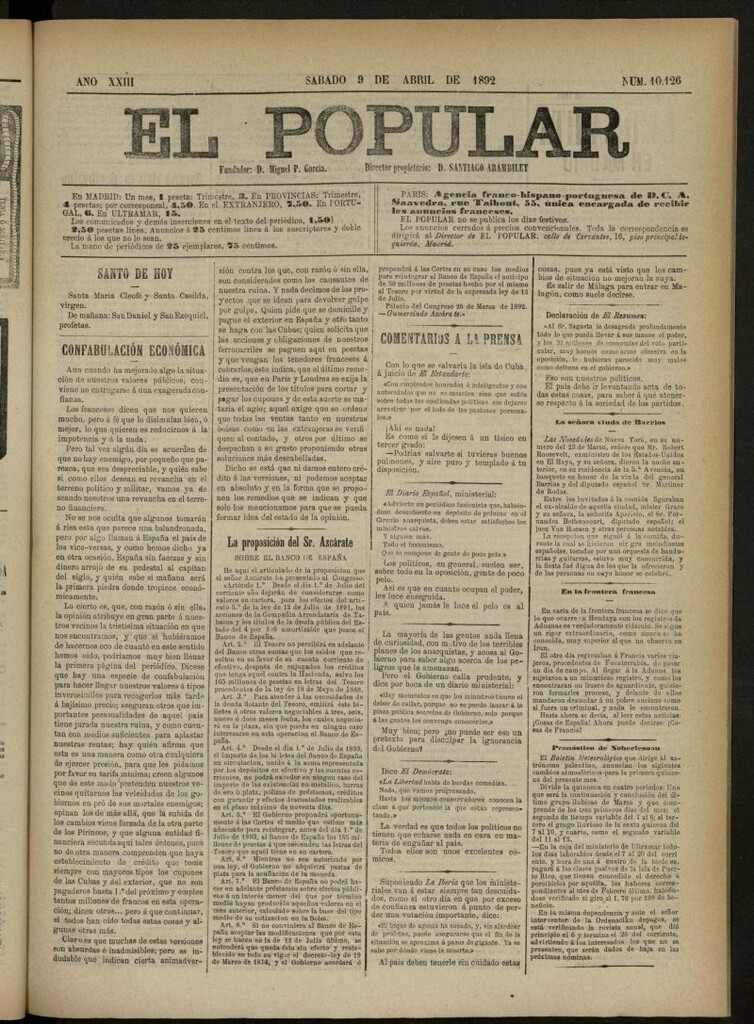 Miniatura de El Popular: diario independiente, político, literario y de noticias de interés general del 9 de abril de 1892, nº 10126