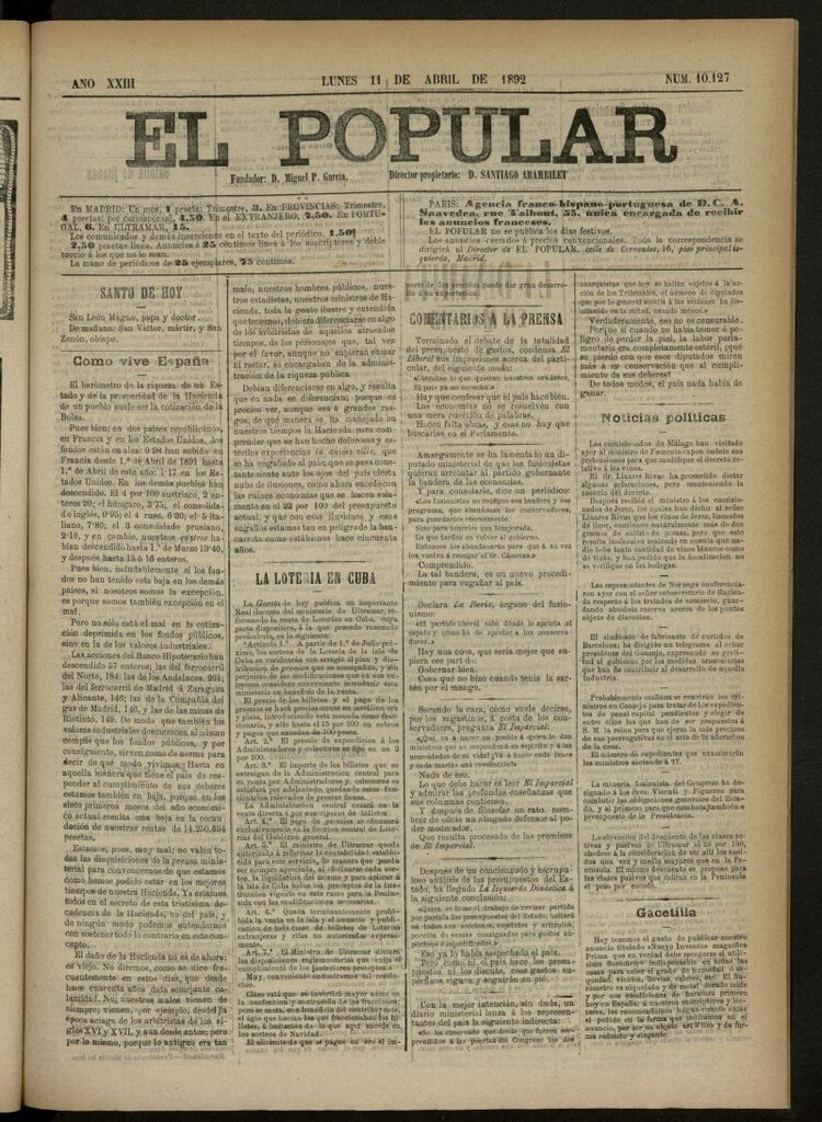 Miniatura de El Popular: diario independiente, político, literario y de noticias de interés general del 11 de abril de 1892, nº 10127