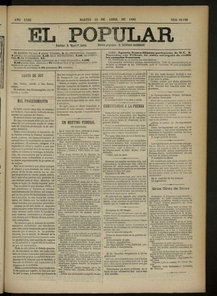 Miniatura de El Popular: diario independiente, político, literario y de noticias de interés general del 12 de abril de 1892, nº 10128