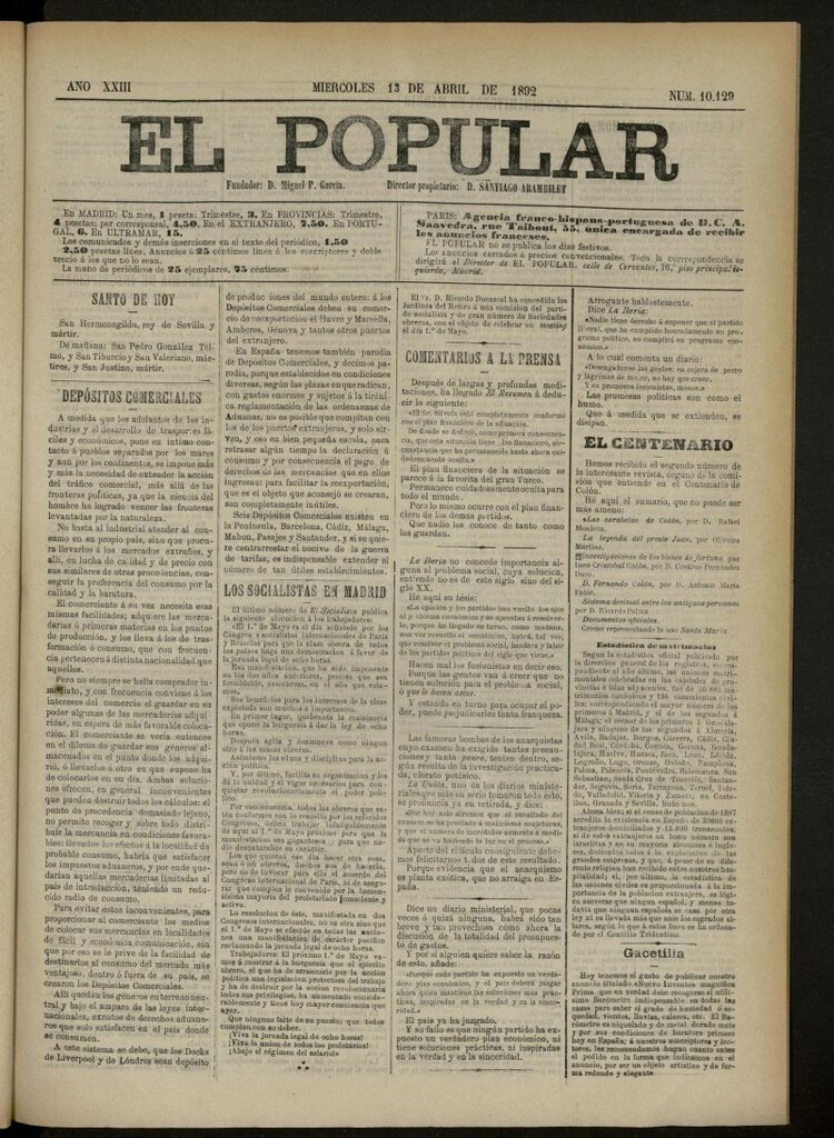 Miniatura de El Popular: diario independiente, político, literario y de noticias de interés general del 13 de abril de 1892, nº 10129