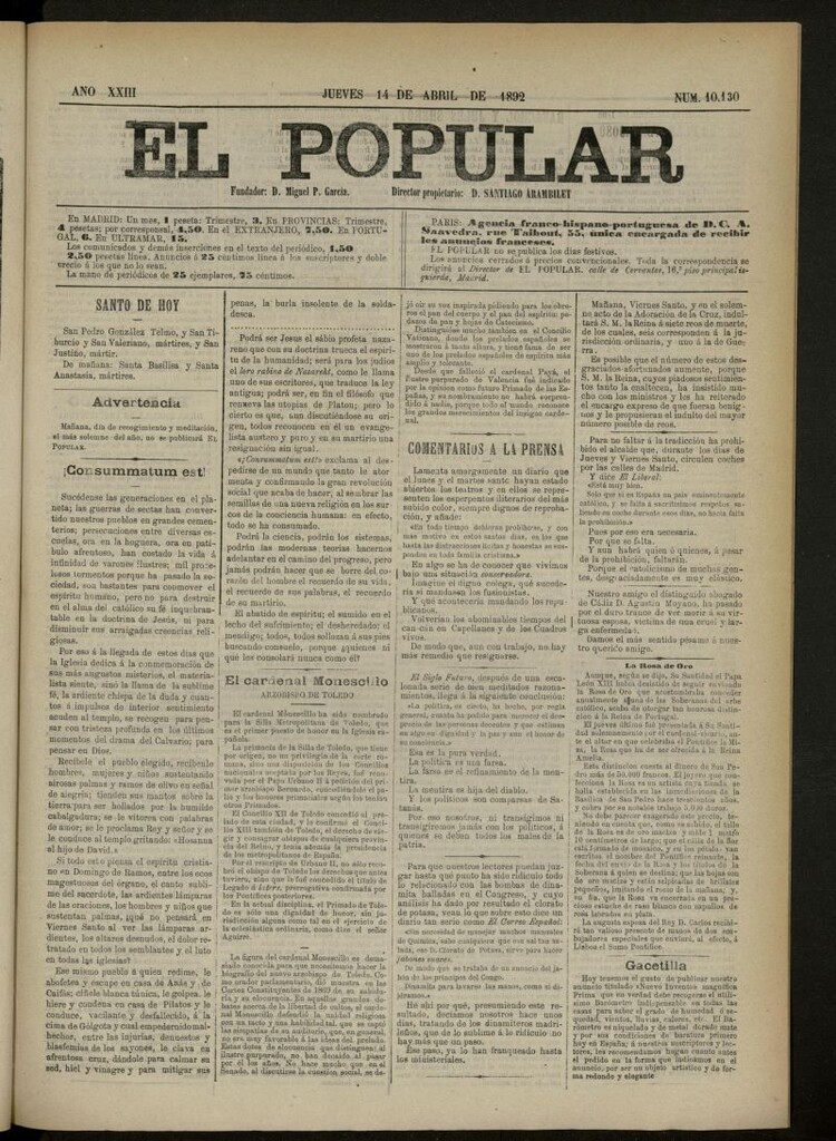 Miniatura de El Popular: diario independiente, político, literario y de noticias de interés general del 14 de abril de 1892, nº 10130