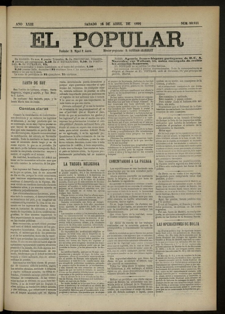 Miniatura de El Popular: diario independiente, político, literario y de noticias de interés general del 16 de abril de 1892, nº 10131