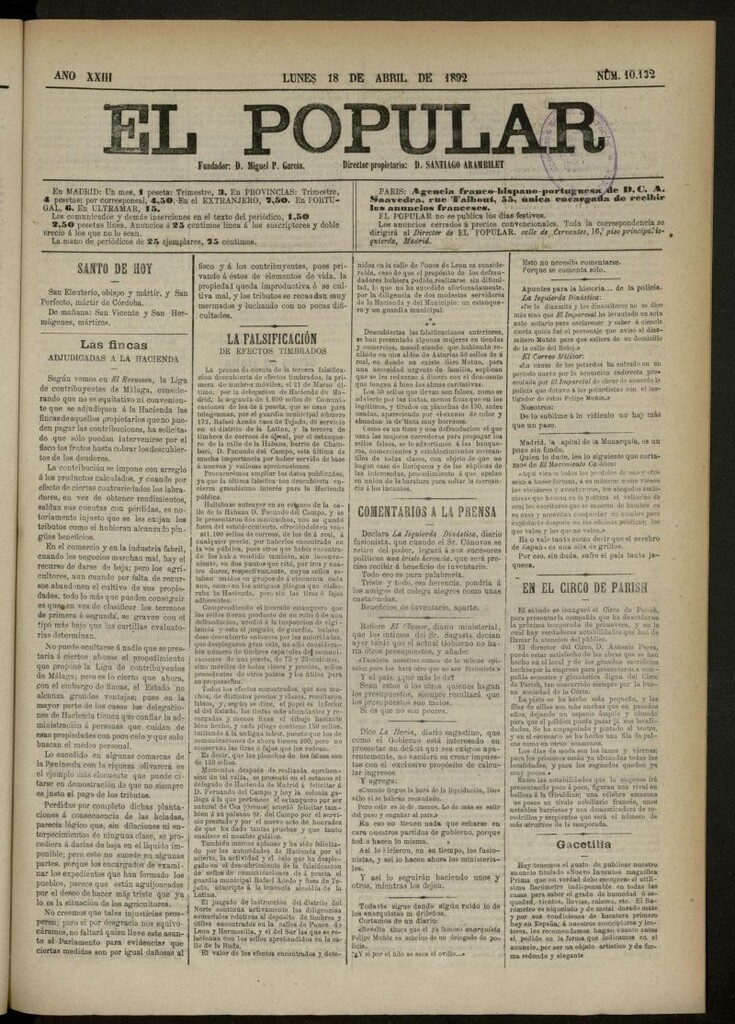 Miniatura de El Popular: diario independiente, político, literario y de noticias de interés general del 18 de abril de 1892, nº 10132