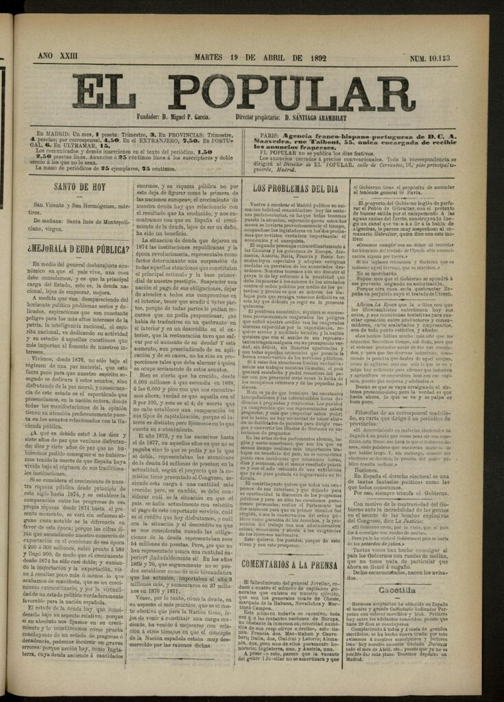 Miniatura de El Popular: diario independiente, político, literario y de noticias de interés general del 19 de abril de 1892, nº 10133
