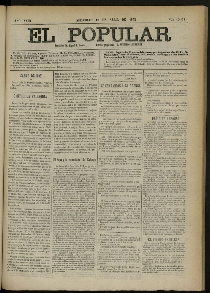 Miniatura de El Popular: diario independiente, político, literario y de noticias de interés general del 20 de abril de 1892, nº 10134