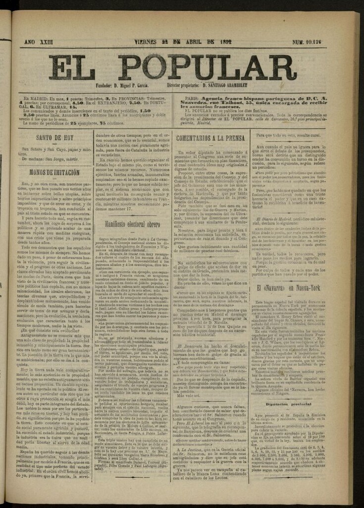 Miniatura de El Popular: diario independiente, político, literario y de noticias de interés general del 22 de abril de 1892, nº 10136