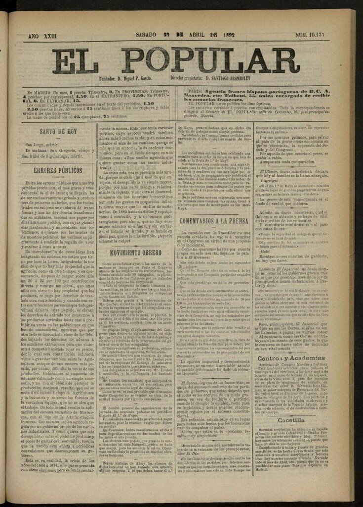 Miniatura de El Popular: diario independiente, político, literario y de noticias de interés general del 23 de abril de 1892, nº 10137