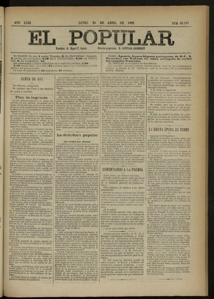 Miniatura de El Popular: diario independiente, político, literario y de noticias de interés general del 25 de abril de 1892, nº 10138