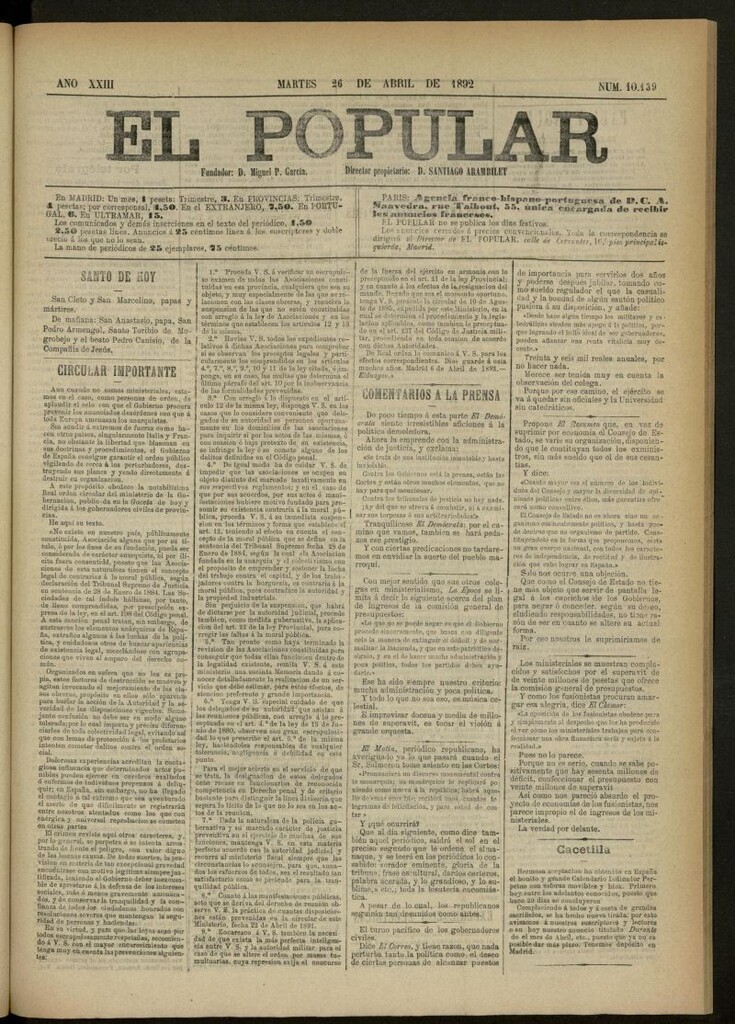 Miniatura de El Popular: diario independiente, político, literario y de noticias de interés general del 26 de abril de 1892, nº 10139
