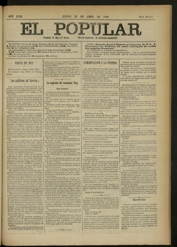 Miniatura de El Popular: diario independiente, político, literario y de noticias de interés general del 28 de abril de 1892, nº 10141