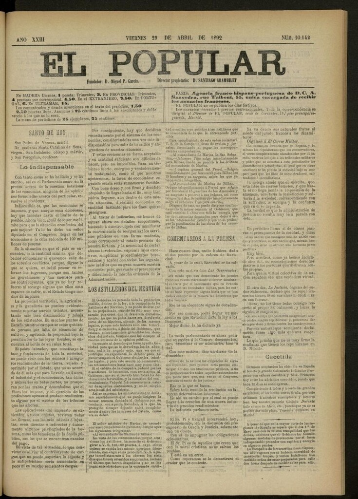 Miniatura de El Popular: diario independiente, político, literario y de noticias de interés general del 29 de abril de 1892, nº 10142