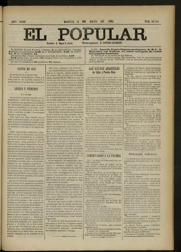 Miniatura de El Popular: diario independiente, político, literario y de noticias de interés general del 3 de mayo de 1892, nº 10144