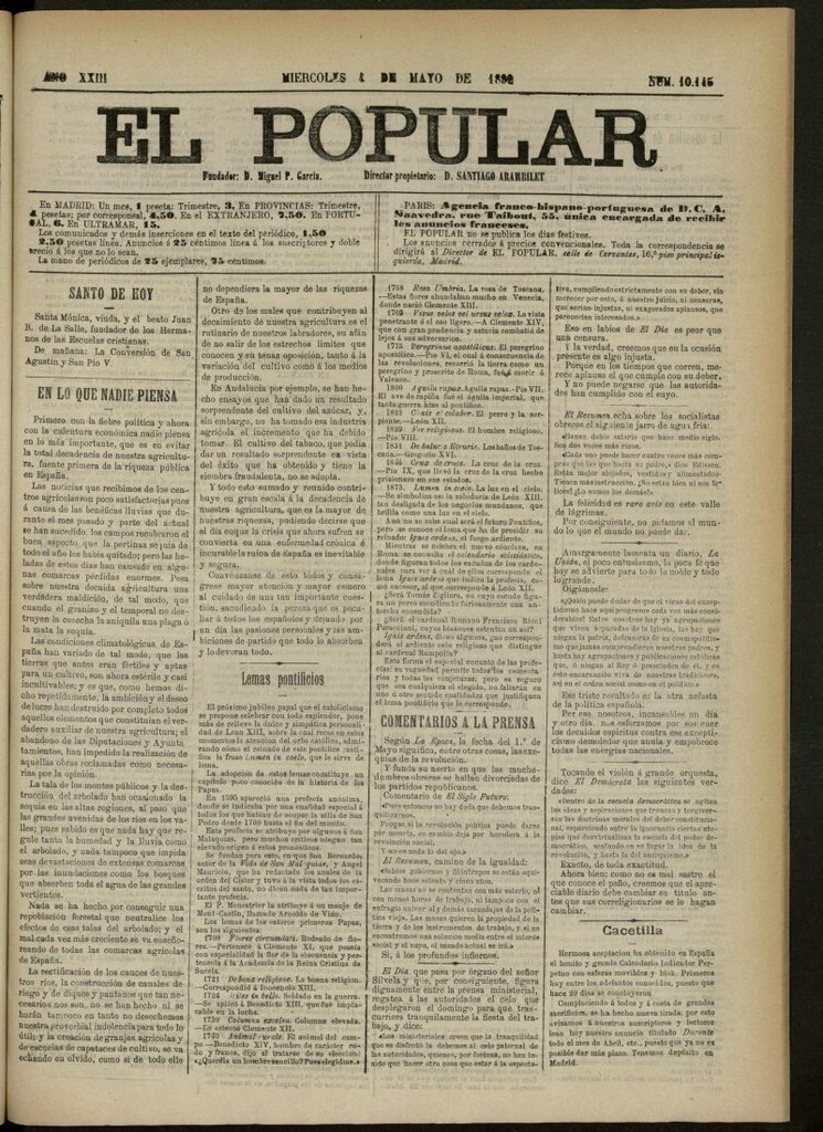 Miniatura de El Popular: diario independiente, político, literario y de noticias de interés general del 4 de mayo de 1892, nº 10145