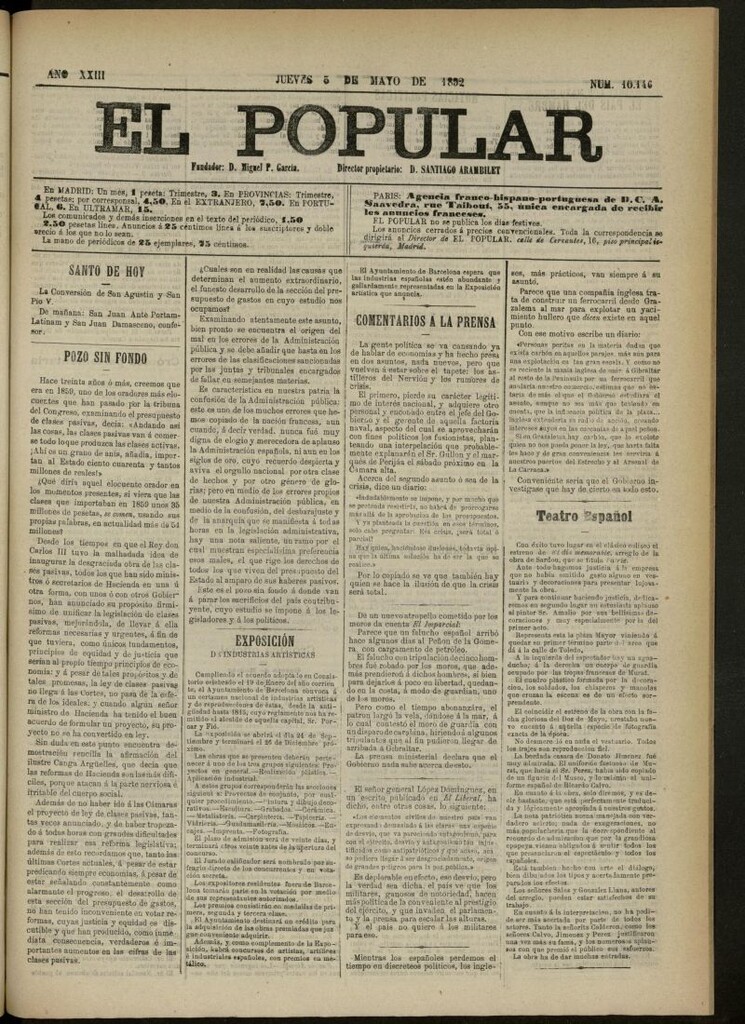 Miniatura de El Popular: diario independiente, político, literario y de noticias de interés general del 5 de mayo de 1892, nº 10146