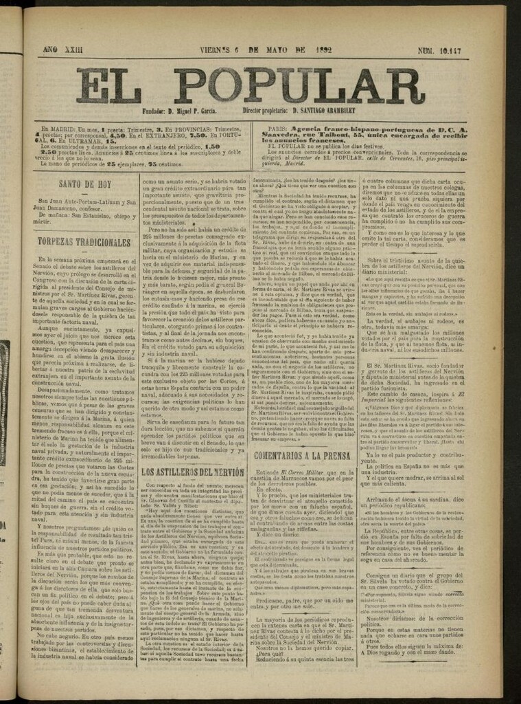 Miniatura de El Popular: diario independiente, político, literario y de noticias de interés general del 6 de mayo de 1892, nº 10147