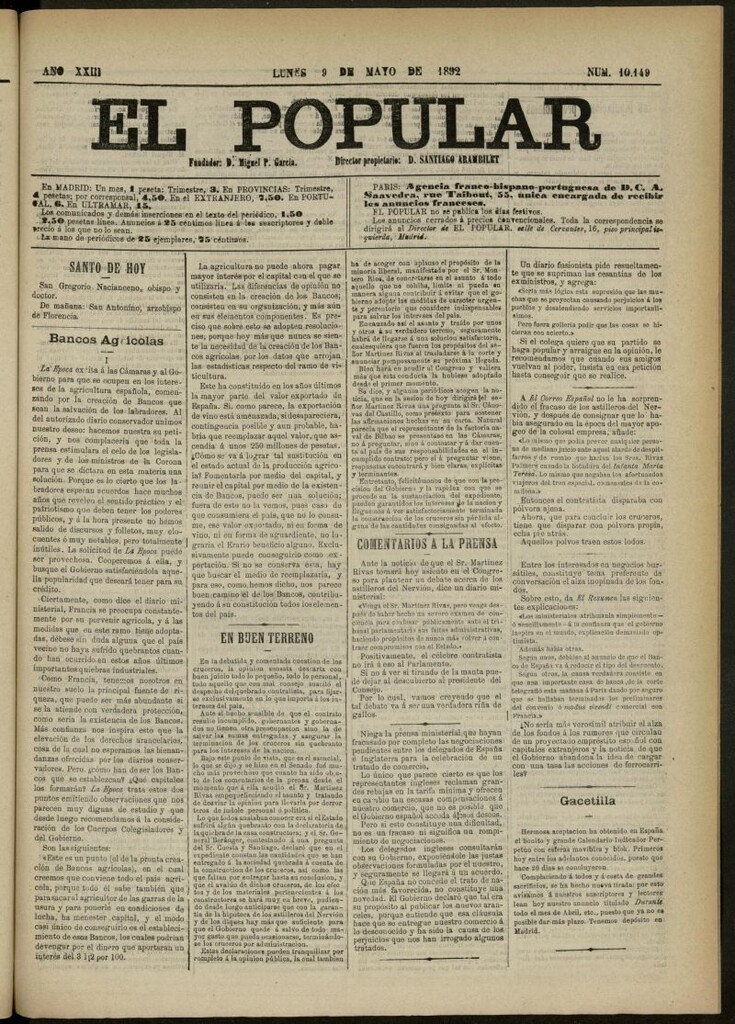 Miniatura de El Popular: diario independiente, político, literario y de noticias de interés general del 9 de mayo de 1892, nº 10149
