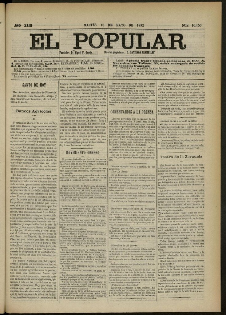Miniatura de El Popular: diario independiente, político, literario y de noticias de interés general del 10 de mayo de 1892, nº 10150