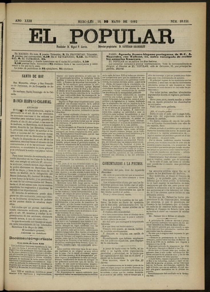 Miniatura de El Popular: diario independiente, político, literario y de noticias de interés general del 11 de mayo de 1892, nº 10151