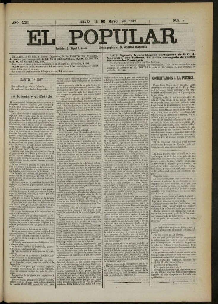 Miniatura de El Popular: diario independiente, político, literario y de noticias de interés general del 12 de mayo de 1892, nº 10152