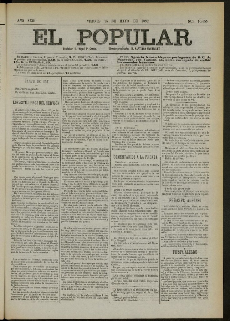Miniatura de El Popular: diario independiente, político, literario y de noticias de interés general del 13 de mayo de 1892, nº 10153