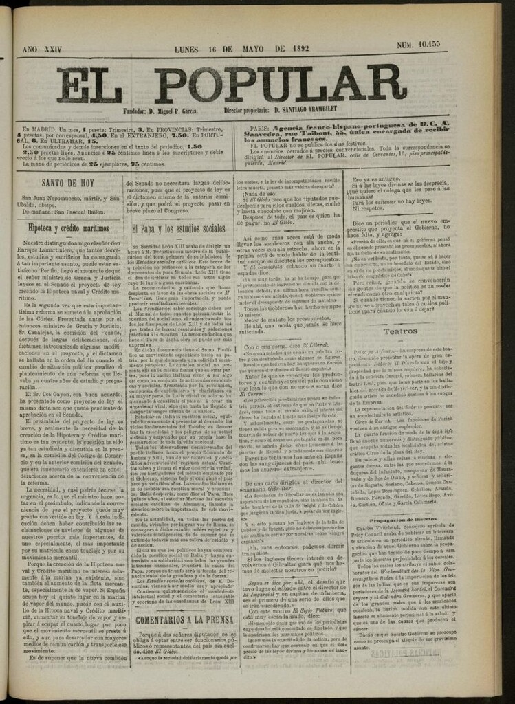 Miniatura de El Popular: diario independiente, político, literario y de noticias de interés general del 16 de mayo de 1892, nº 10155