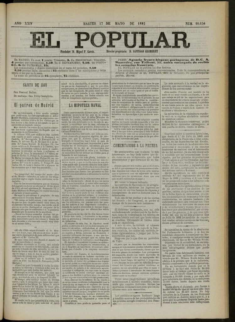 Miniatura de El Popular: diario independiente, político, literario y de noticias de interés general del 17 de mayo de 1892, nº 10156
