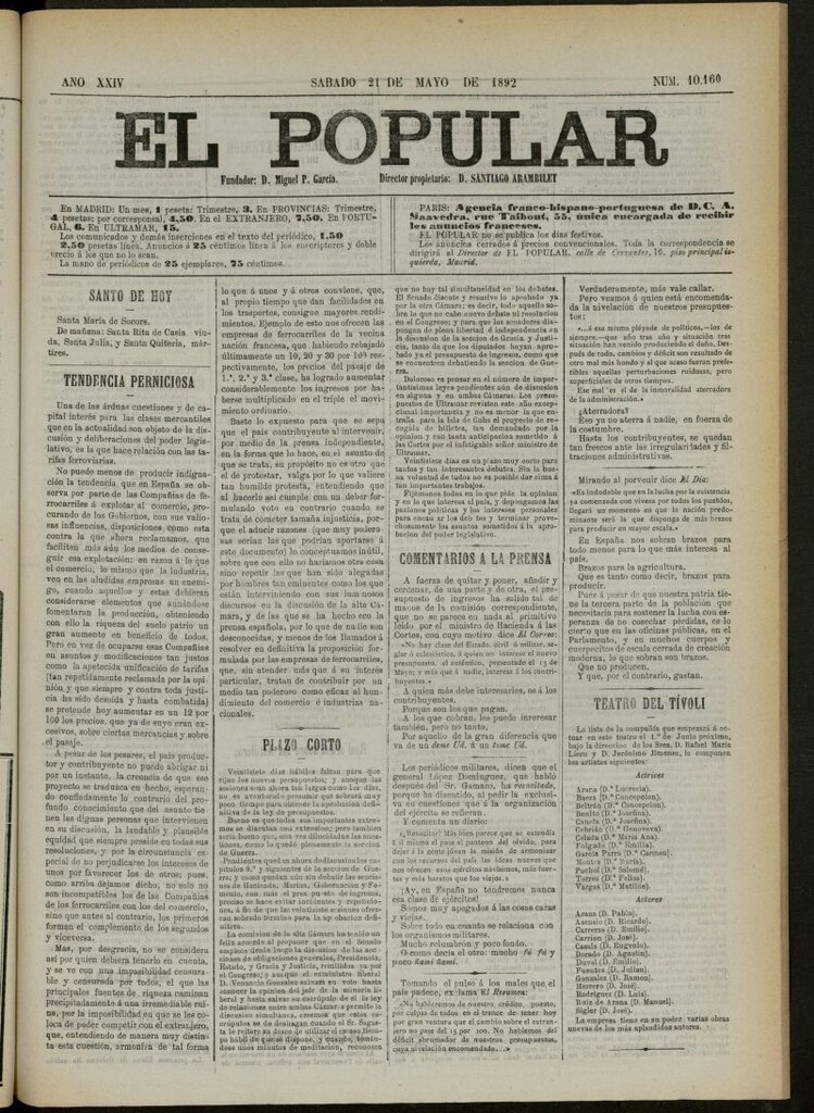 Miniatura de El Popular: diario independiente, político, literario y de noticias de interés general del 21 de mayo de 1892, nº 10160