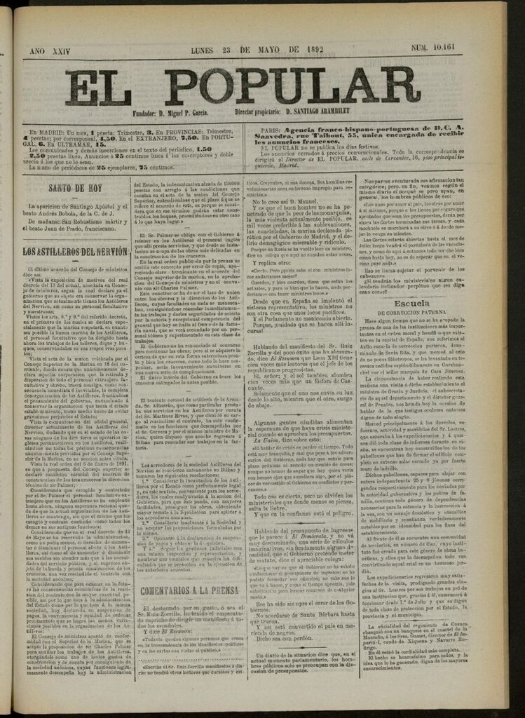 Miniatura de El Popular: diario independiente, político, literario y de noticias de interés general del 23 de mayo de 1892, nº 10161