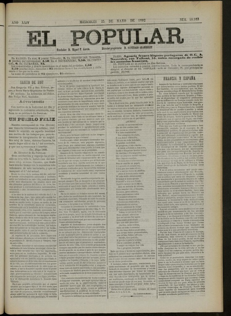 Miniatura de El Popular: diario independiente, político, literario y de noticias de interés general del 25 de mayo de 1892, nº 10163