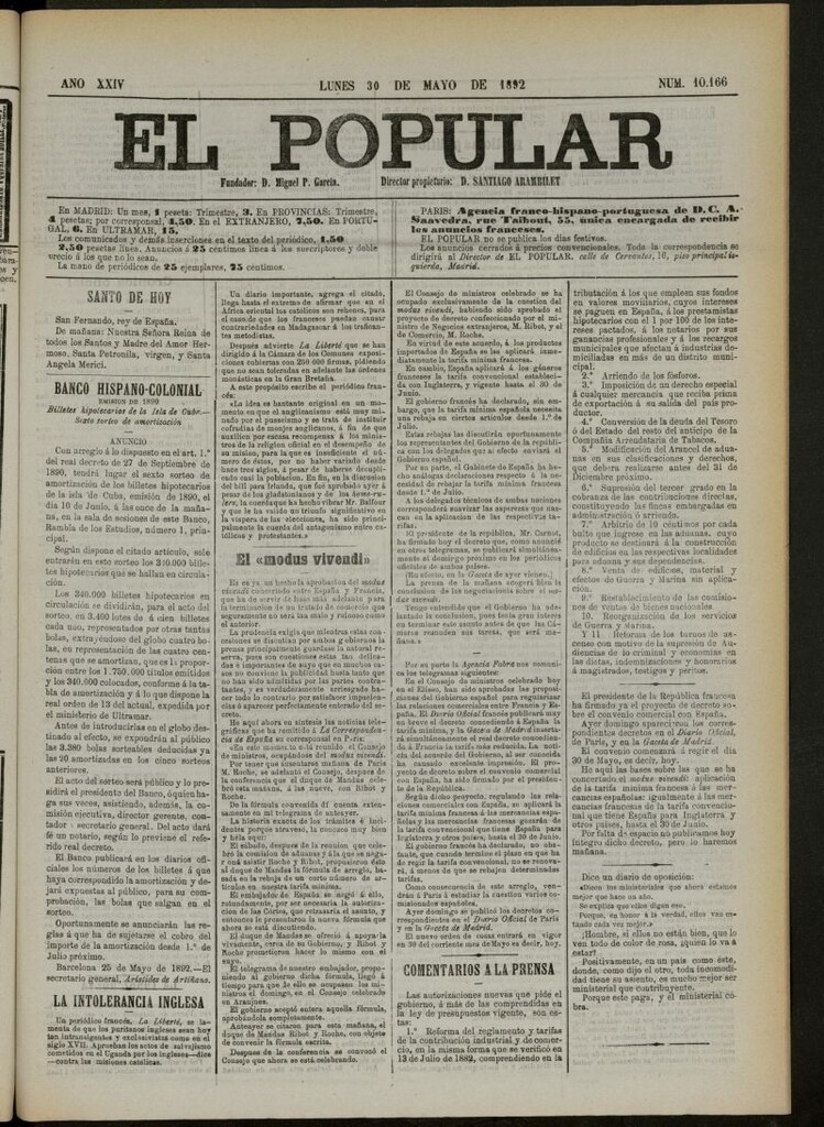 Miniatura de El Popular: diario independiente, político, literario y de noticias de interés general del 30 de mayo de 1892, nº 10166