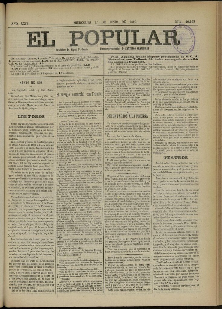 Miniatura de El Popular: diario independiente, político, literario y de noticias de interés general del 1 de junio de 1892, nº 10168