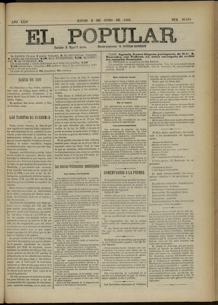 Miniatura de El Popular: diario independiente, político, literario y de noticias de interés general del 2 de junio de 1892, nº 10169