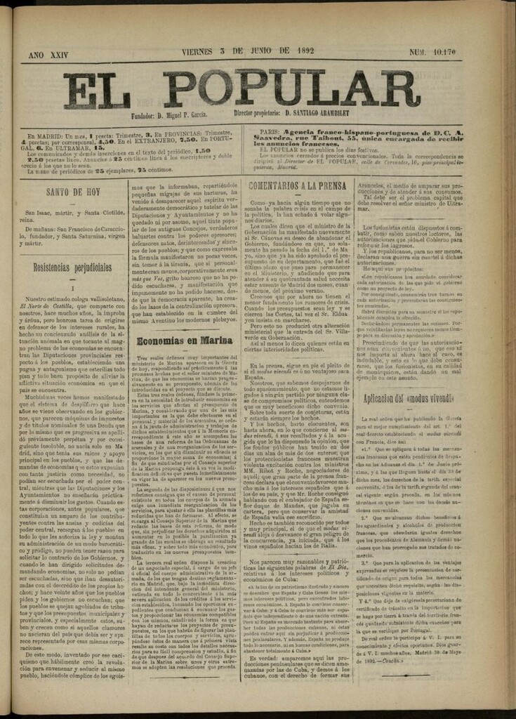Miniatura de El Popular: diario independiente, político, literario y de noticias de interés general del 3 de junio de 1892, nº 10170